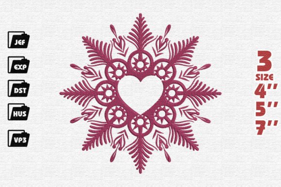 Ornate Heart and Star Snowflake Embroidery Design